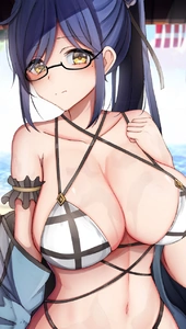 Image: Chiyo, girl, glasses, shy, smile, swimsuit, big breasts