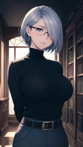 Картинка: Девушка, волосы, очки, кофта, грудь, кабинет, книги