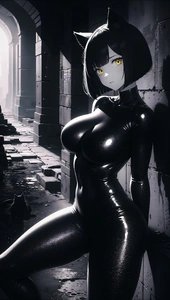 Картинка: Девушка, кошка, кот, в чёрном, свет, уши, отражение, переулок