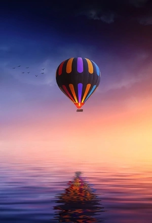 Image: Hot air balloon, flies, sky, water, reflection, birds