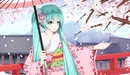 Картинка: Девушка Hatsune Miku в кимоно ловит падающие листики сакуры