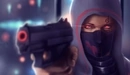 Картинка: Девушка с красными глазами в капюшоне прицеливается из пистолета.