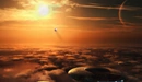 Картинка: Три летающие тарелки преследуют шар в небе.