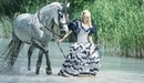 Картинка: Девушка гуляет с лошадью по речной воде.
