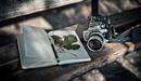 Картинка: Фотокамера Canon и записная книжка лежат на скамейке