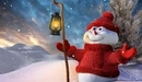 Картинка: Снеговик в красном радуется зиме.