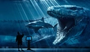 Картинка: Древний хищник Мозазавр охотится на акулу в аквариуме, а мальчик наблюдает за всем этим