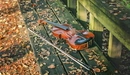Картинка: Скрипка и смычок одиноко лежат среди опавших листьев на скамейке.