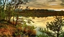 Картинка: Осенний лес и озеро на фоне заката