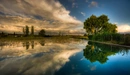 Image: The reflection in the water of trees and clouds