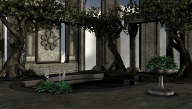 Картинка: Архитектура, растения, бассейн, листья, деревья, колонны
