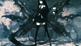 Картинка: Black Rock Shooter, девушка, чёрные волосы, коса, в чёрном, Стрелок с Чёрной скалы, dead master