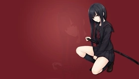 Картинка: Аниме, Akame ga Kill!, девушка, Убийца Акамэ!, Акамэ, сидит, школьная форма, волосы, катана, взгляд