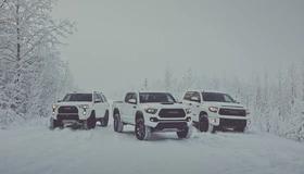 Картинка: 2017, Toyota, 4Runner, Tacoma, Tundra, TRD Pro, пикап, внедорожник, белый, снег, стоят, версии