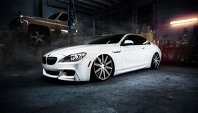 Картинка: BMW, m6, белый, низкий профиль, посадка, гараж, мастерская