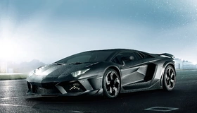 Картинка: Суперкар, Lamborghini, Aventador, LP1250-4, Mansory, Carbonado, черный, свет, асфальт, небо