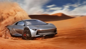 Картинка: Суперкар, вседорожник, Camal, Ramusa, скорость, пыль, песок, завеса, пустыня, отражение