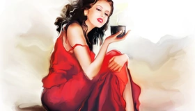 Картинка: Девушка, сидит, арт, рисунок, платье, в красном, чашка, держит, напиток, художник, Татьяна Никитина, акварель