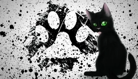 Картинка: След, чёрный, кляксы, глаза, зелёные, кот, кошка