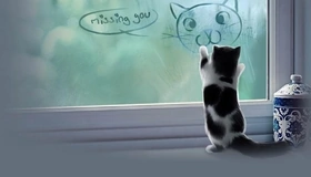 Картинка: Кошка, кот, спина, окно, надпись, рисунок, настроение, посуда, гжель