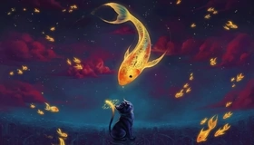 Картинка: Кот, рыбки, золотые, часы, облака, небо, здания