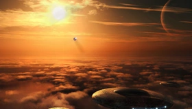 Картинка: Небо, облака, нло, тарелки, солнце, планета