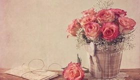 Картинка: Розы, букет, цветы, розовые, ваза, письмо