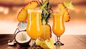 Картинка: Коктейль, напиток, ананас, кокос, дыня, дольки