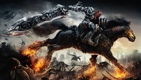 Image: Darksiders, War, horseman, apocalypse, sword, huge, horse, fire, field of battle