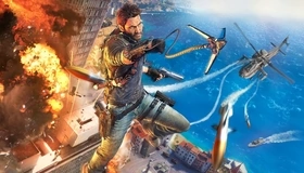 Картинка: Just Cause 3, главный герой, персонаж, мужчина, пистолет, снаряжение, вертолёт, ракеты, взрыв, здания, вода, высота