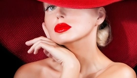 Картинка: Блондинка, лицо, взгляд, ресницы, макияж, красная помада, шляпа, стиль