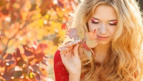 Image: Girl, blonde, makeup, eyelashes, face, fall, foliage