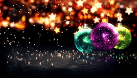 Картинка: Новый год, шарики, игрушки, звёздочки, блики, блёстки