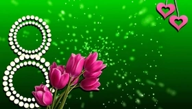 Картинка: Тюльпаны, цветы, праздник, поздравление, открытка, 8 марта, зелёный фон, сердечки, блики
