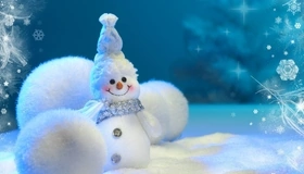 Картинка: Снеговик, улыбка, пуговицы, шарф, шапка, снег, снежные шары, снежинки, зима, Новый год