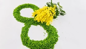 Картинка: Праздник, восьмёрка, 8 марта, мимоза, цветы, жёлтый, веточка, белый фон