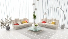 Картинка: Светлый, дизайн, белый, столик, шторы, жалюзи, лампы, диваны