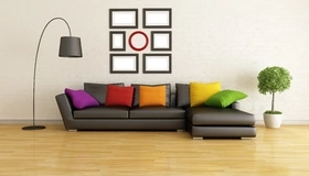 Картинка: Кожаный диван, торшер, декоративные подушки, кашпо, дерево, стена, пол