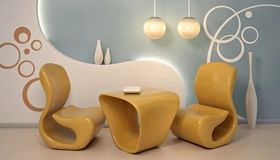 Картинка: Люстры, стол, стулья, круги, декор, подсветка, карамельный цвет