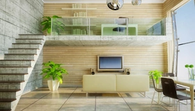Картинка: Лестница, растения, диван, стулья, полки, телевизор, колонки, окно