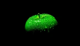 Картинка: Яблоко, зелёное, капли, свет, черный фон