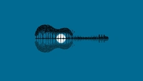 Картинка: Гитара, деревья, луна, отражение, птицы, здания, дома, голубой фон
