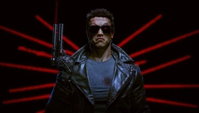 Image: Terminator, pistol, glasses, leather jacket, red rays, laser designator