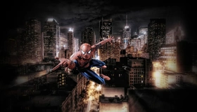 Картинка: Человек-паук, город, выстрел, летит, высотки, ночь, огни