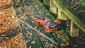Картинка: Скрипка, смычок, лежит, листья, осень, скамейка