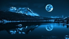 Картинка: природа, горы, луна, озеро, ночь
