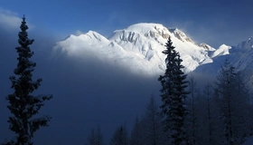 Картинка: Пейзаж, горы, снег, туман, освещение, хвойные деревья