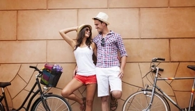 Картинка: Пара, девушка, мужчина, улыбка, смех, велосипед