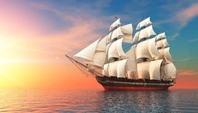 Картинка: Корабль, паруса, океан, вода, небо, солнце
