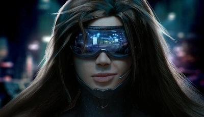 Картинка: Девушка, очки, брюнетка волосы, броня, микрофон, лицо, отражение, киберпанк, 3D
